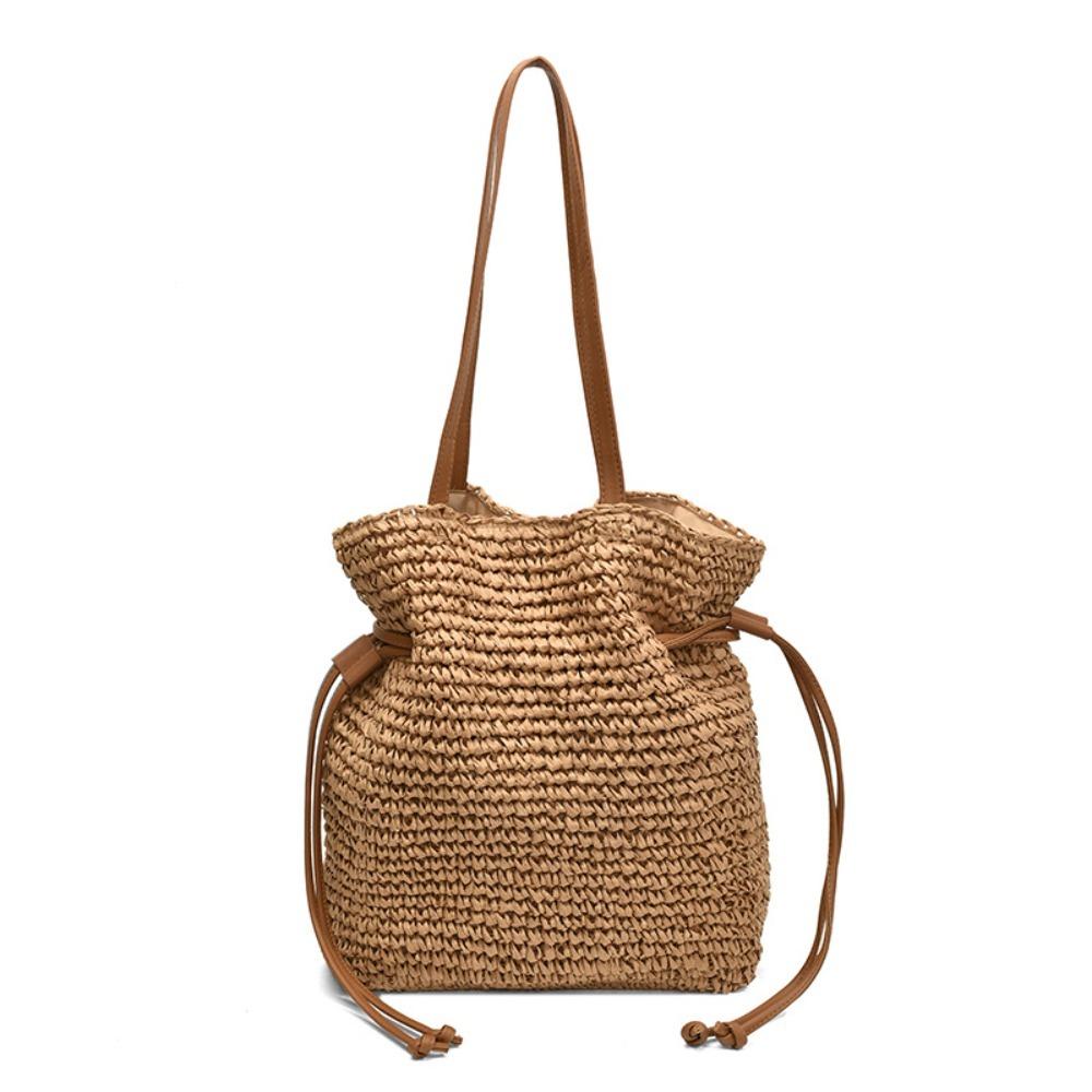 

Beach Drawstring Crochet Bag Straw Woven Large Capacity Tote Bag Solid Color Square Shoulder Bag верблюд