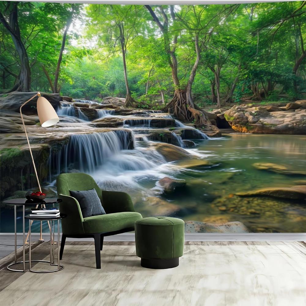 Tropical Forest Waterfall Wall Mural Natural Mountain Stream Green Jungle Wallpaper Room Decor