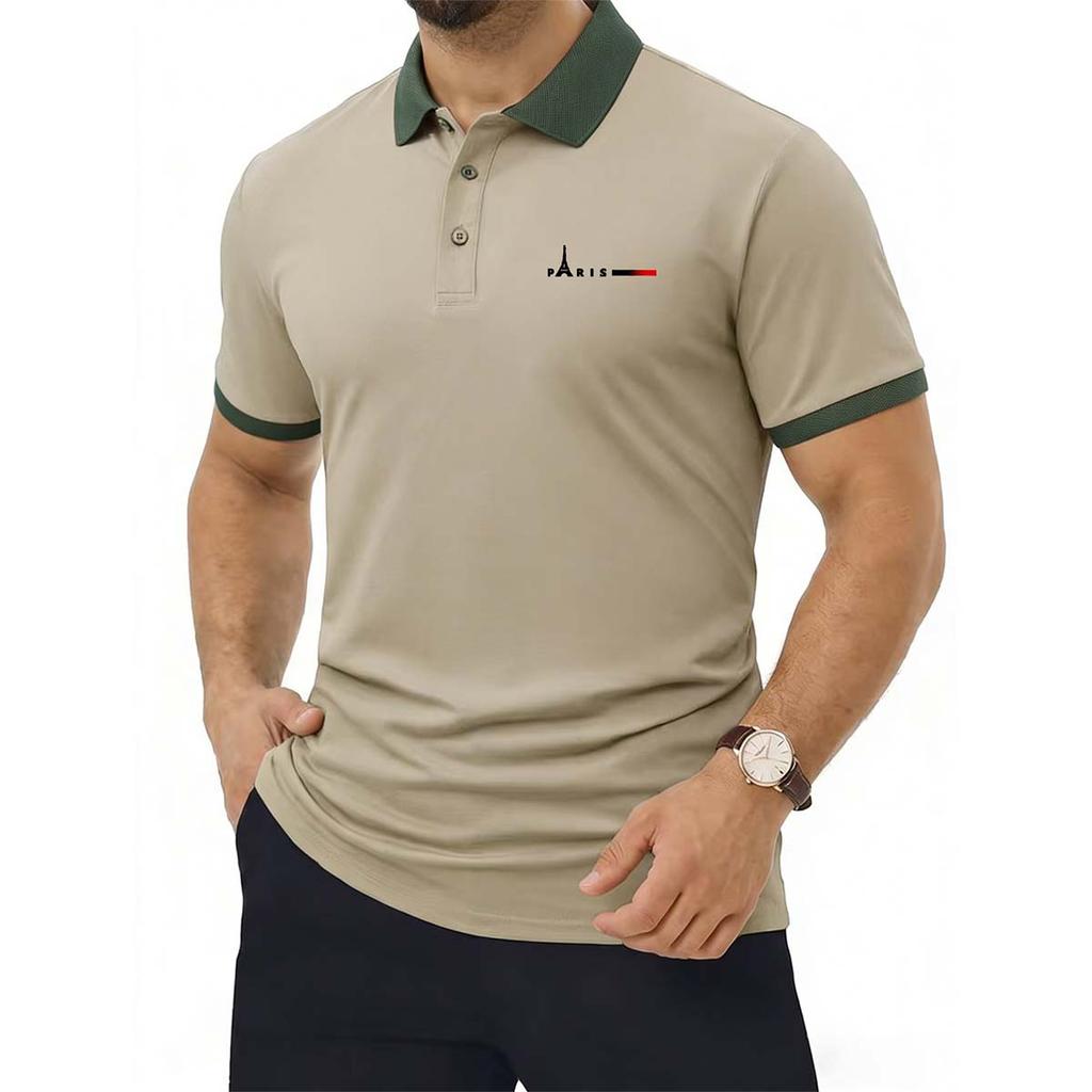 Men's Contrast Collar Short Sleeve Polo Paris Eiffel Tower Print Breathable Casual Tops