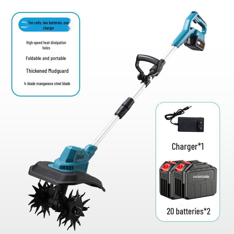 New Lithium Battery Micro Tiller: Four-Blade Soil Loosener for Home Gardening