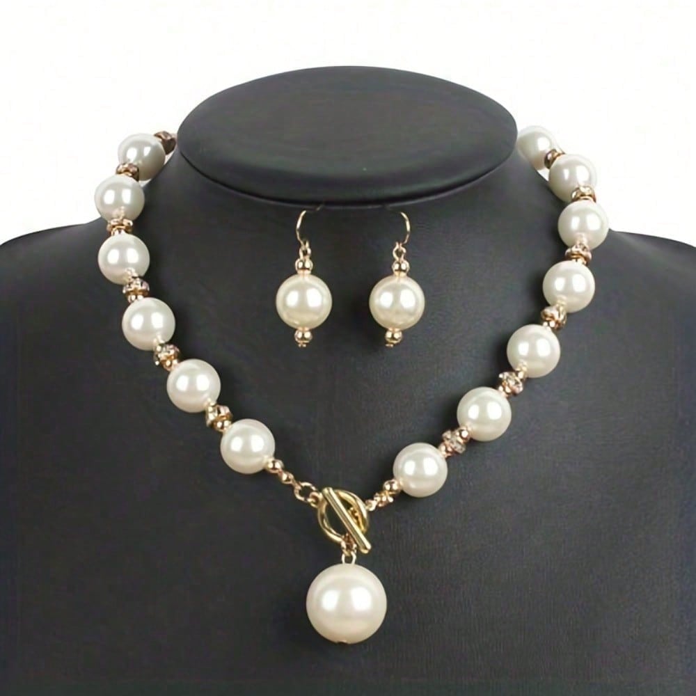 

1pcs Light Luxury Gold Imitation Pearl Earring Necklace Set, High-end Clavicle Chain Fashionable Women s Style белый