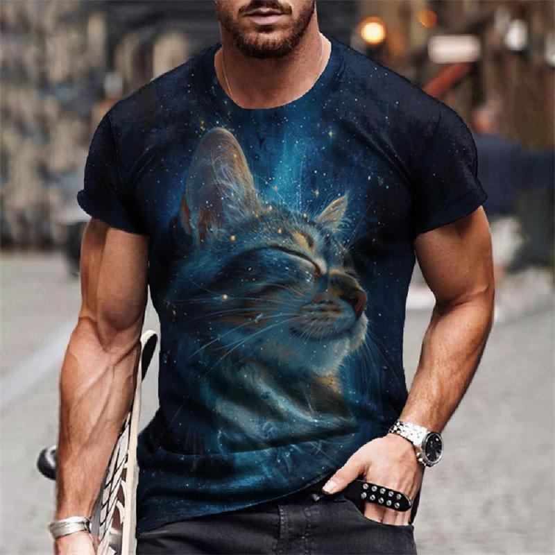 Sternenhimmel Katze Universum Muster Herren T-Shirts Lustiges Tier 3D Druck T-Shirts Sommer Harajuku Kurzarm O-Ausschnitt Oberteile