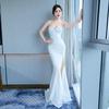 White Formal Pleated Waist-Cinching Dress with Slimming Split Strap Design
