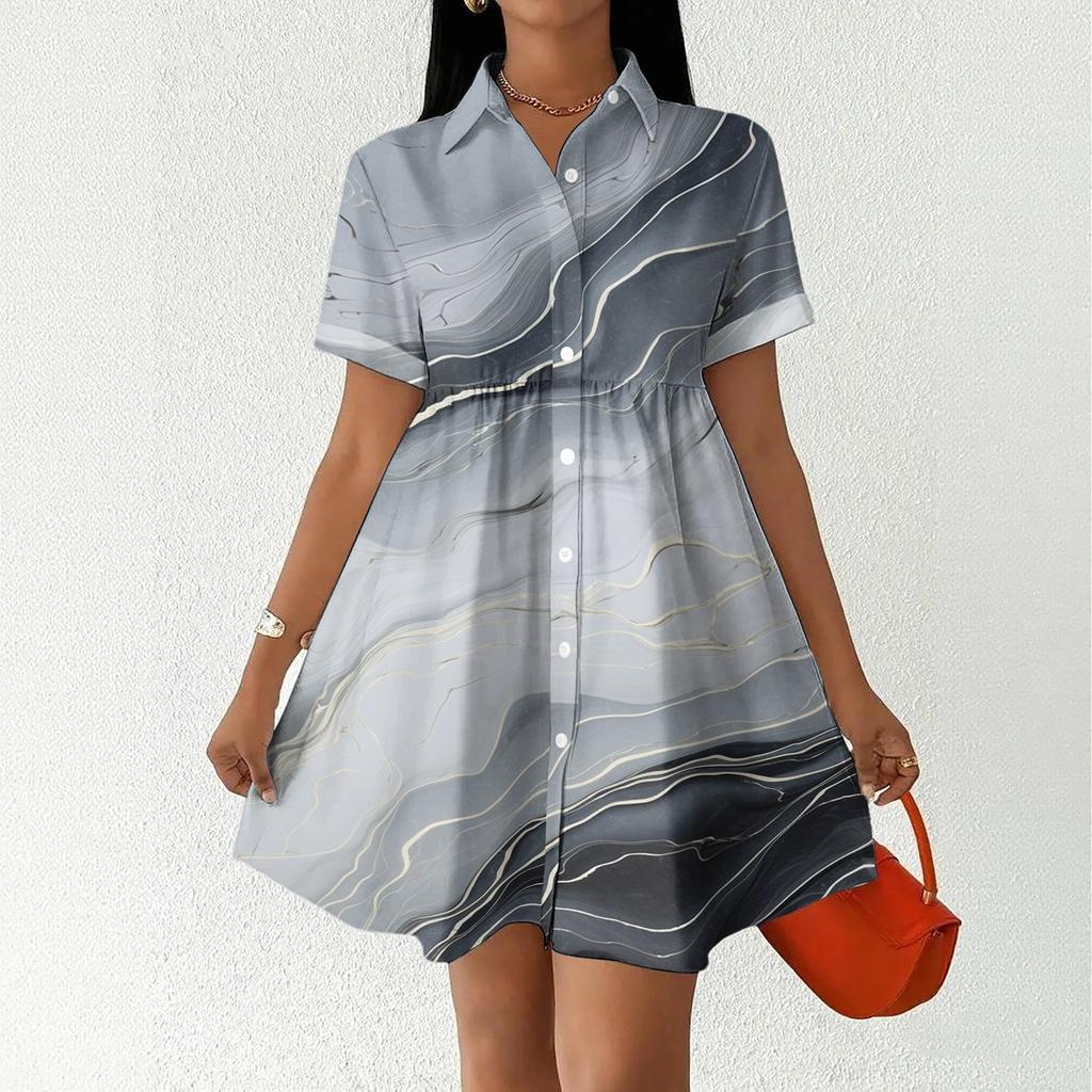 Women’s Casual Loose Fit Button Down Shirt Dress with Stand Collar and Floral Print Short Sleeve Design for Daily Wear