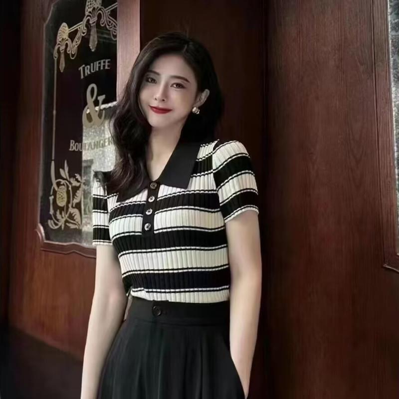 

Brand Authentic 2025 Summer Slimming Striped Polo Collar Knitted T-shirt Size XL