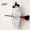Outdoor Halloween Porch Decor Hanging Ghost Decoration with Witch Hat and Broom, Spooky Flying Wizard Ornament for Haunted House Tree Yard,