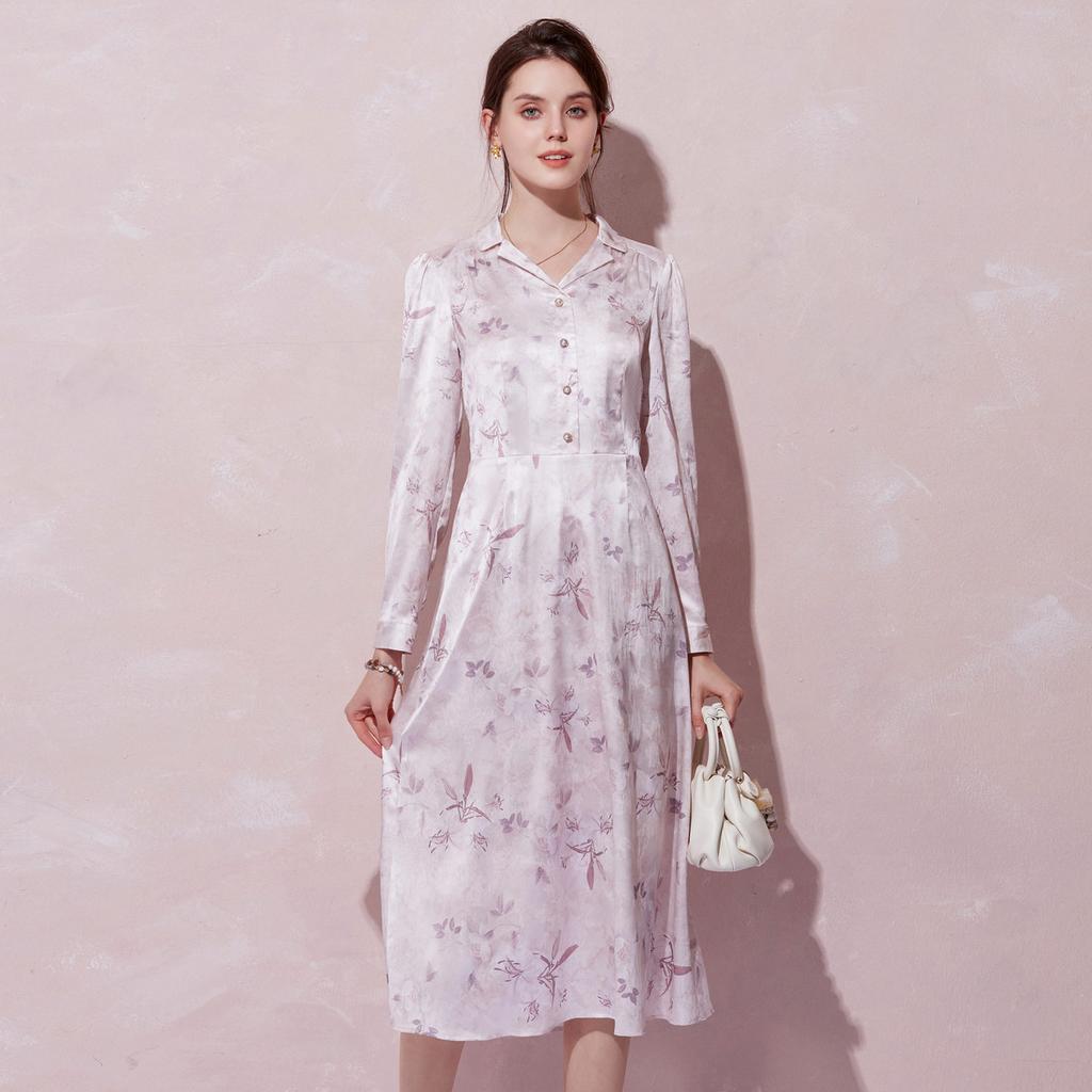 Intellectually gentle temperament printed dress for women in autumn 2025, daily age reduction, bubble sleeves, waist cinching, slimming effect