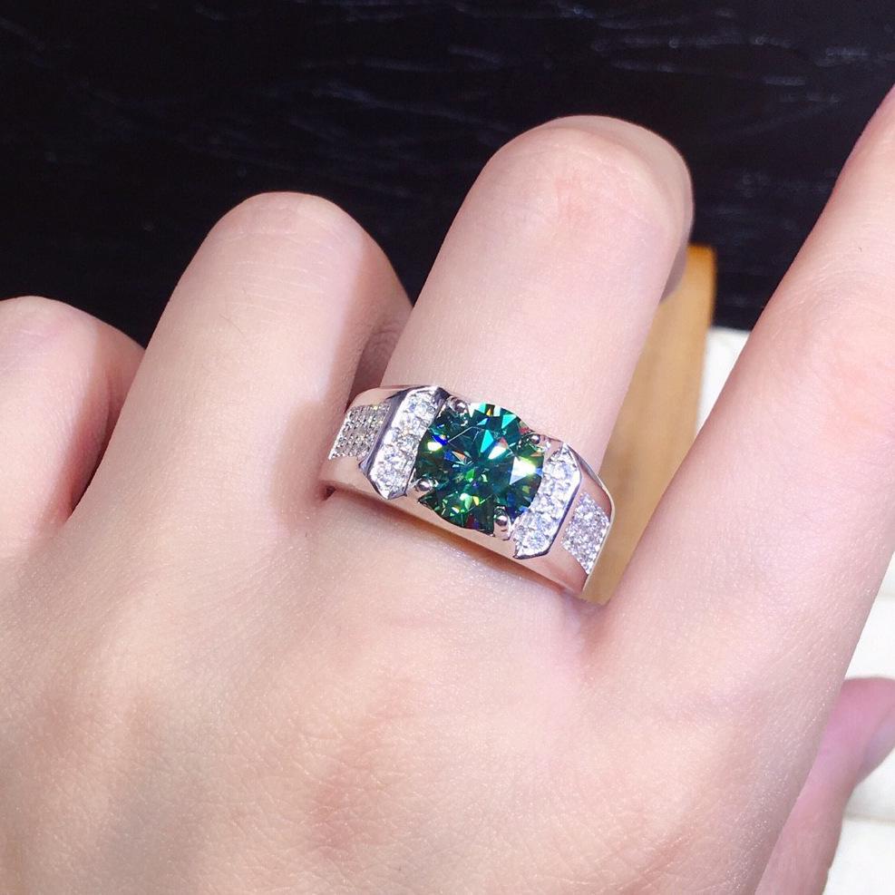 Full Diamond Eight Hearts and Arrows, PT950 Blue-Green Simulated Moissanite Unisex Open Ring