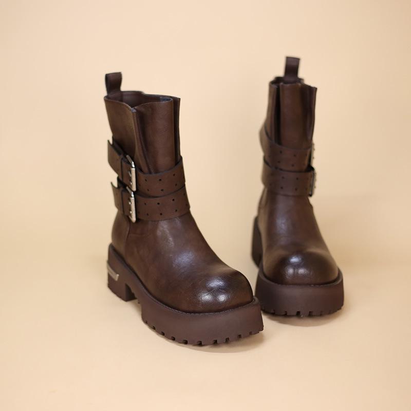 2025 Dámské podzimní/zimní boty Martin v britském stylu: Kotníkové boty na silné podrážce, s kulatou špičkou a zeštíhlující přezkou v pase