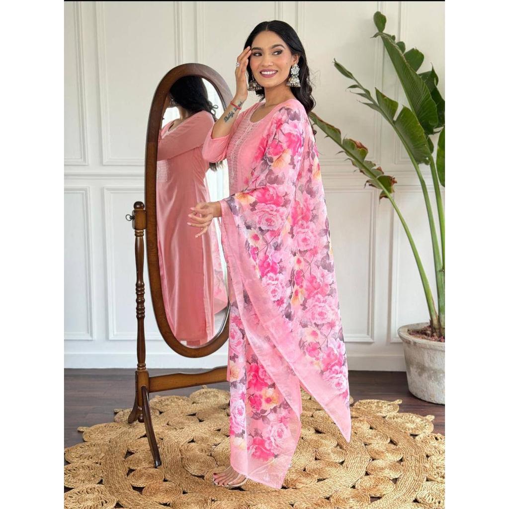 Women's Pink Rayon Slub Embroidered Straight Kurta with Rayon Slub Pant And Silk Printed Dupatta Sets