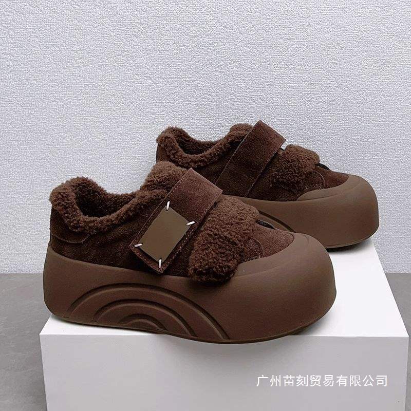 Baumwollschuhe Damen Samt Klettverschluss Jahr Dicke Sohle Schuhe Flauschige Schuhe Außen Brot Schuhe