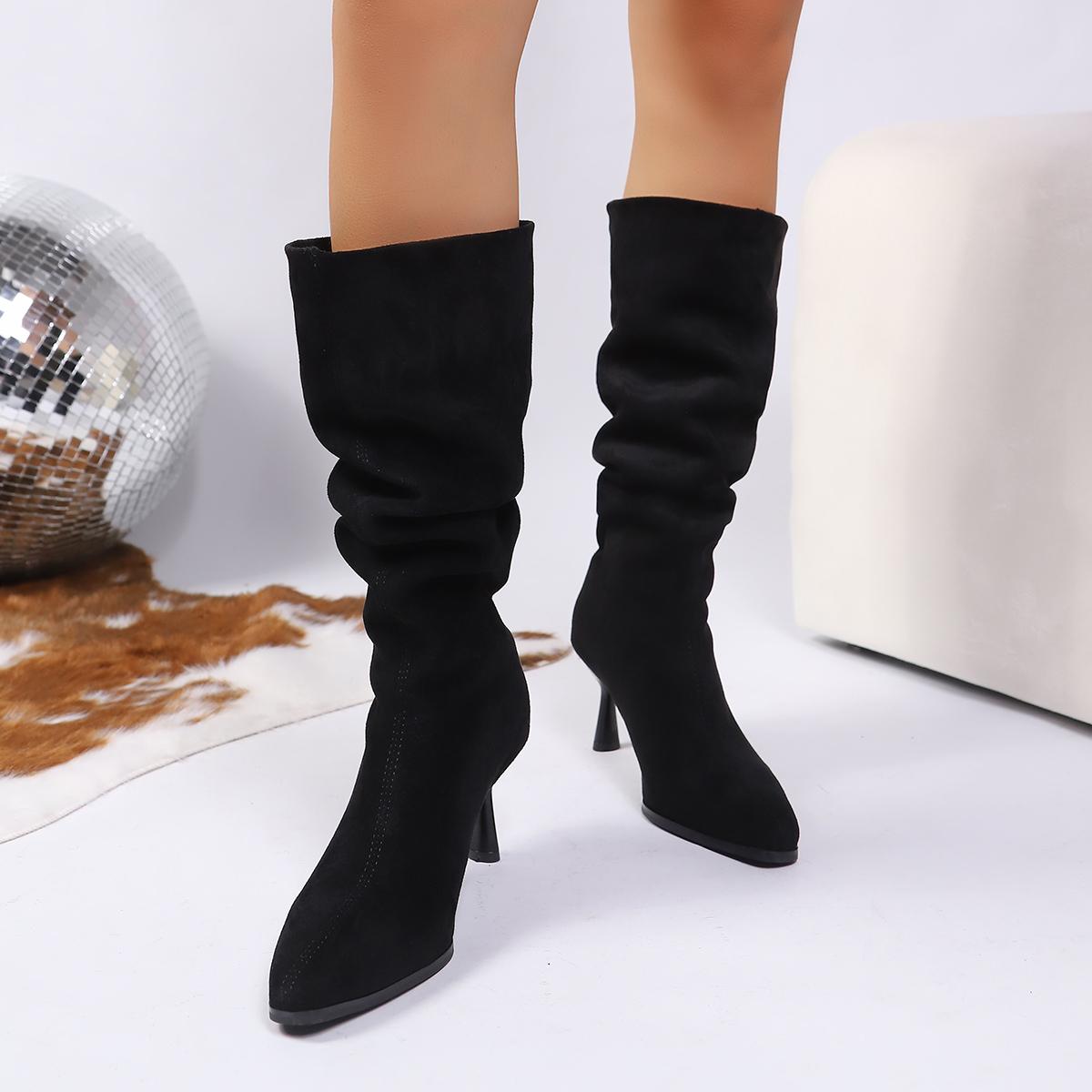 

Fashion Retro Khaki Suede Mid Calf Boots Women 2025 Winter Sexy Pointed Toe High Heel Knee High Boots Brand Women s Shoes Plus Size 42 42 чёрный
