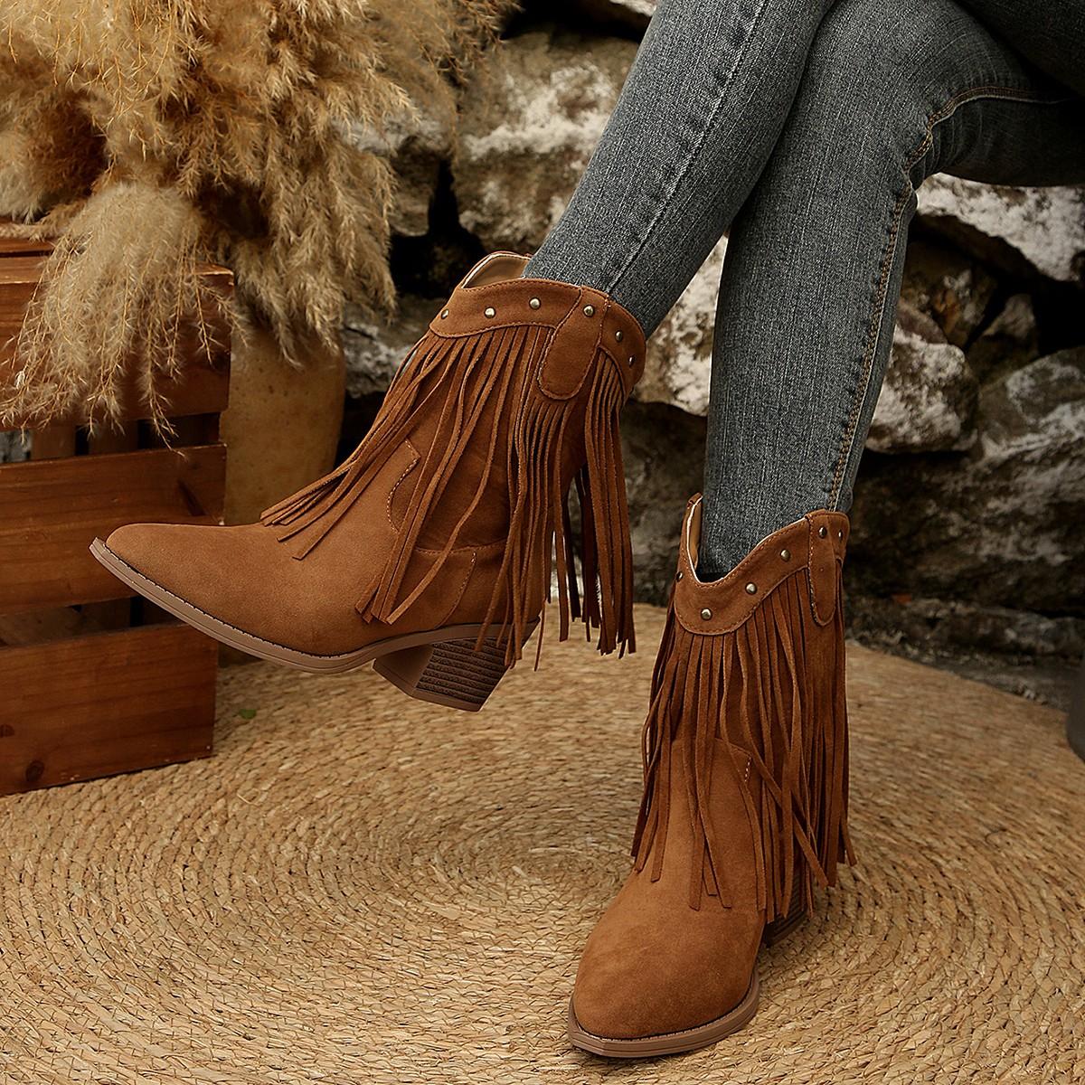 Damen Knöchel Slipper Stiefel Blockabsatz Mittelhohe Schuhe Damen 2025 Neu Bequem Spitzschuh Stiefel Zapatos De Mujer 38 braun