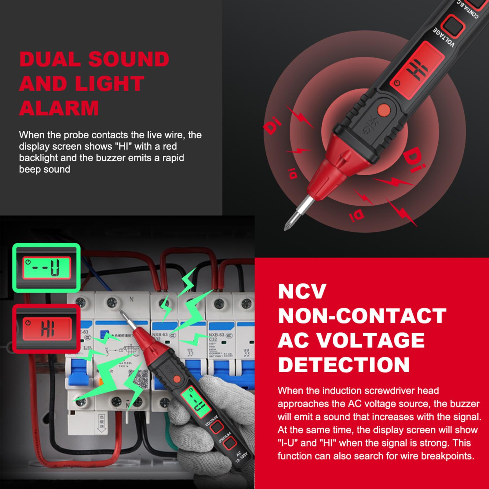

Детектор напруги Ручка Тестер електрики 12~300 В Детектор напруги змінного струму NCV Послідовність фаз індукції type 1 чорний