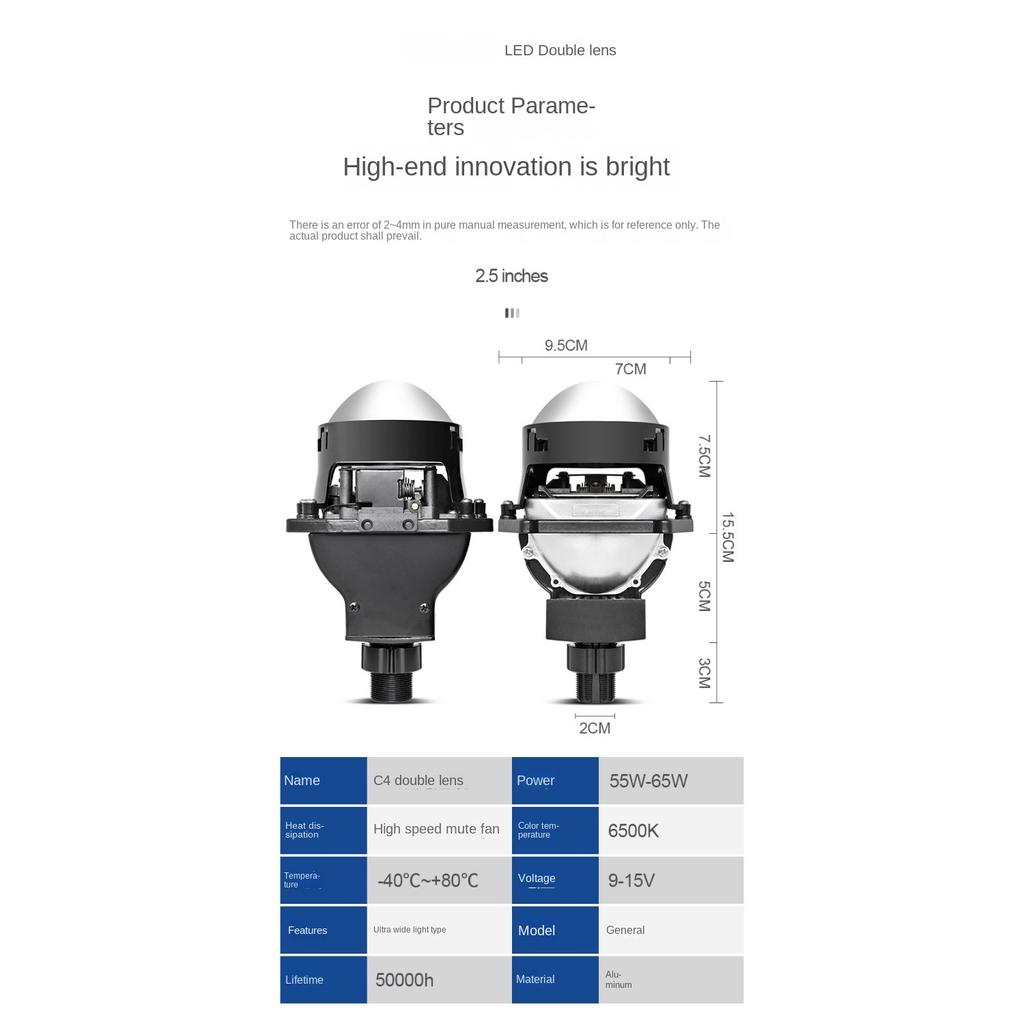 LED Car Light Headlight 2.5 Inch Double Light Lens Double Light Cup 65W Small Sunlight Type Car and Motorcycle Universal 12V