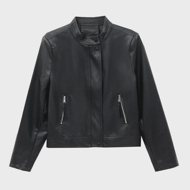 Women's Sheepskin Motorcycle Jacket: Genuine Leather, Stand-Up Collar, Short Style for Spring & Autumn.