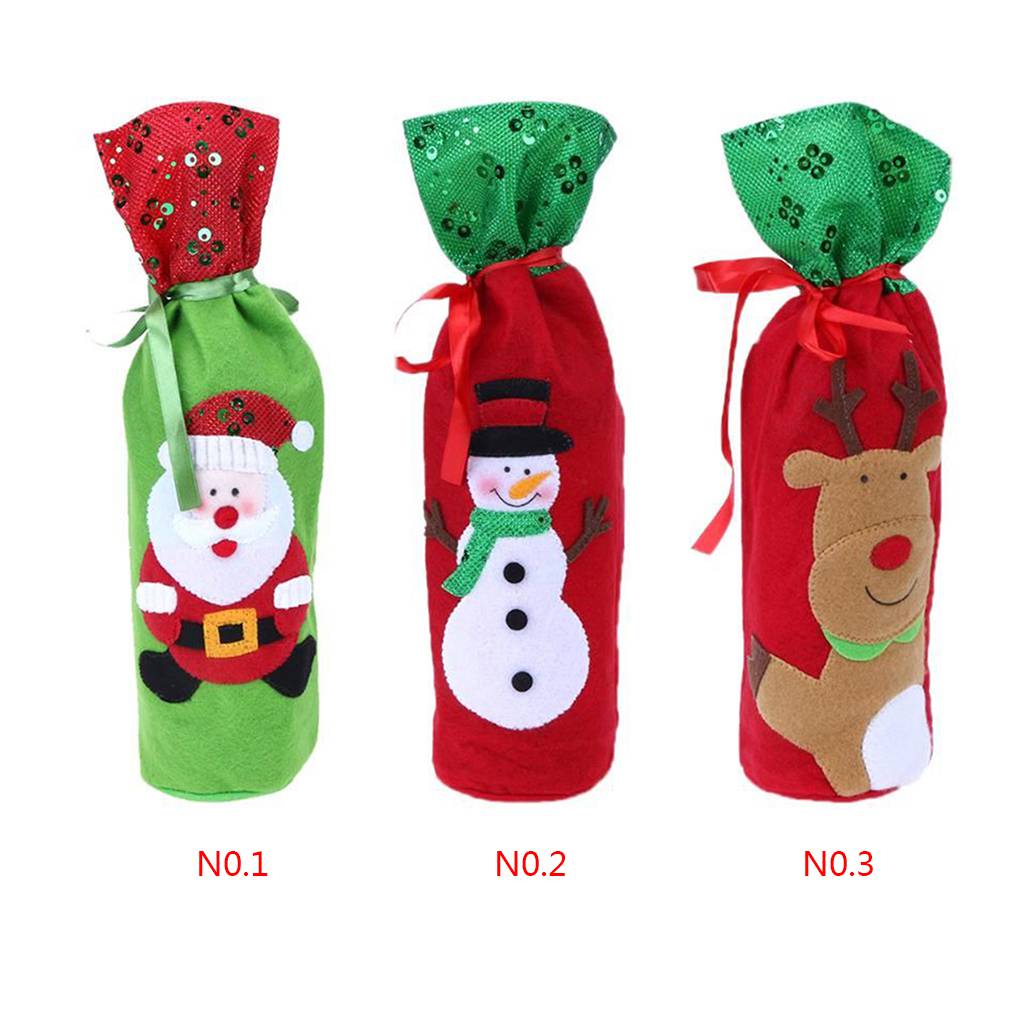 Hochwertige Weihnachts-Weinflaschenhülle aus Vliesstoff mit Kordelzug und Pailletten, Schneemann, Hirsch, Weihnachtsschmuck, Navidad-Flaschenhülle