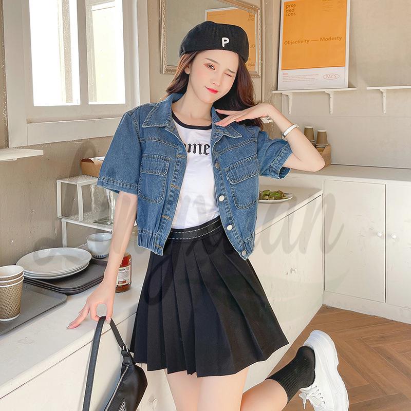 Women’s Petite Korean-Style Waist-Cinching Denim Top One Size синий