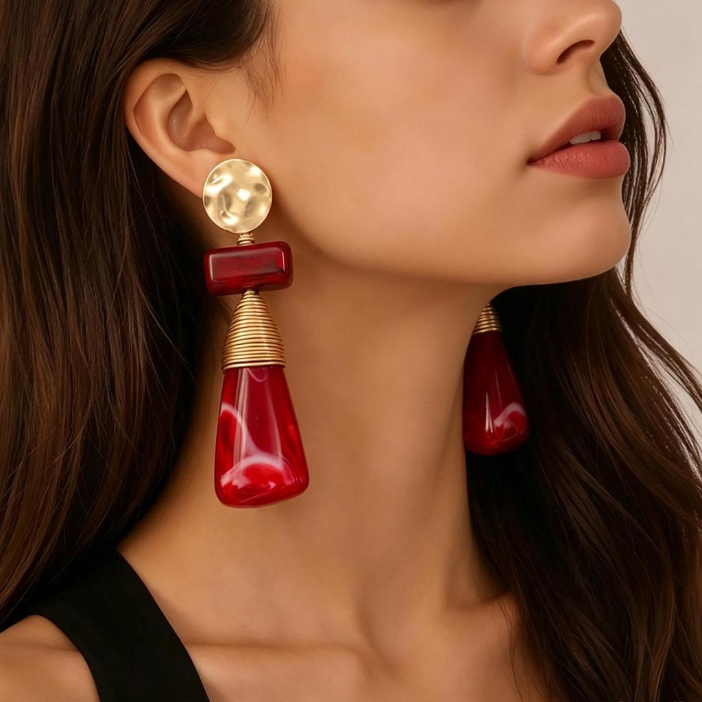 Vintage Red Gradient Resin Geometric Stud Earrings for Women – Three-Dimensional Design