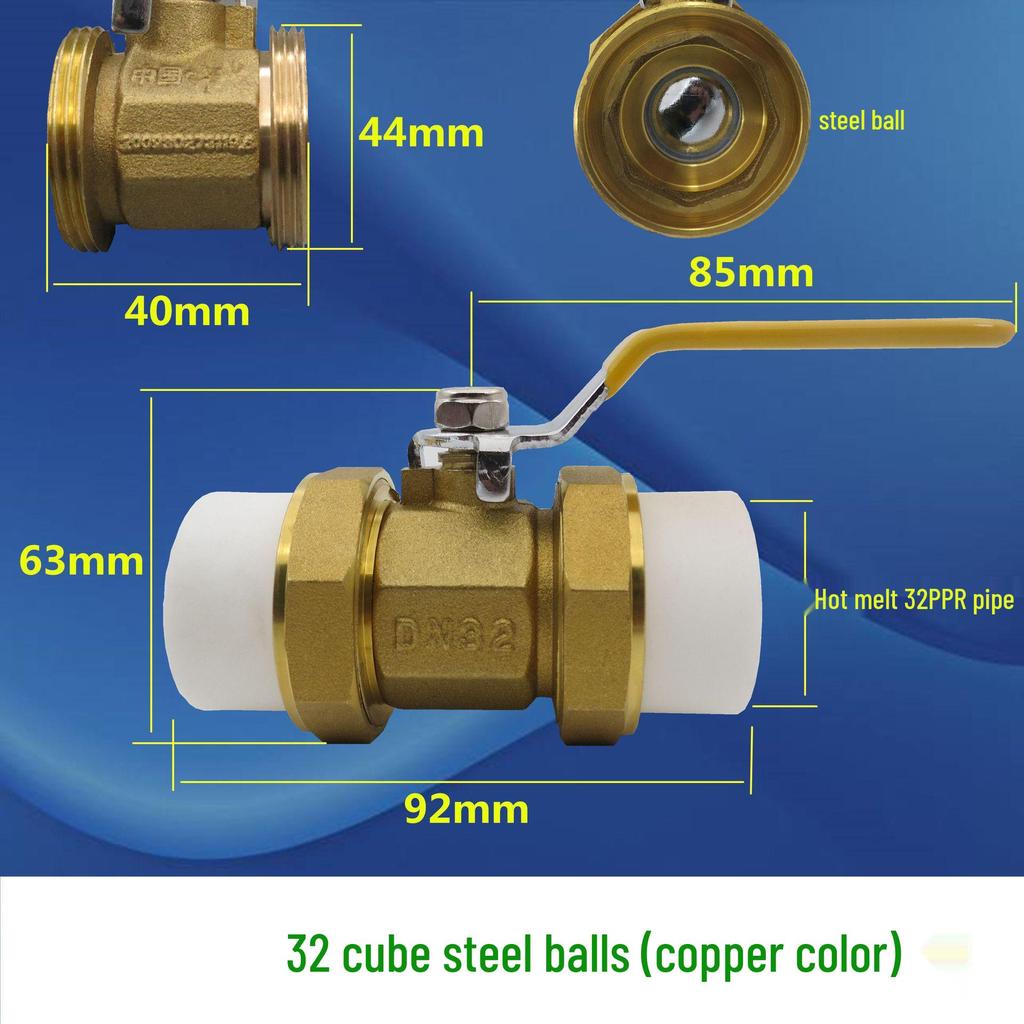 Zawór kulowy miedziany PPR: 20mm Podwójne Złącze, 25mm Rura Wody Kranowej, 32mm Zgrzewane na Gorąco, 40mm Ogrzewanie, 50mm Zawór, 63mm Przełącznik.