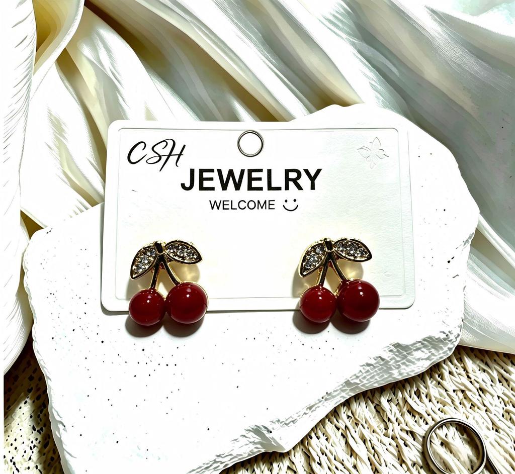 DIY Fresh Sweet Cherry Enamel Stud Earrings for Women