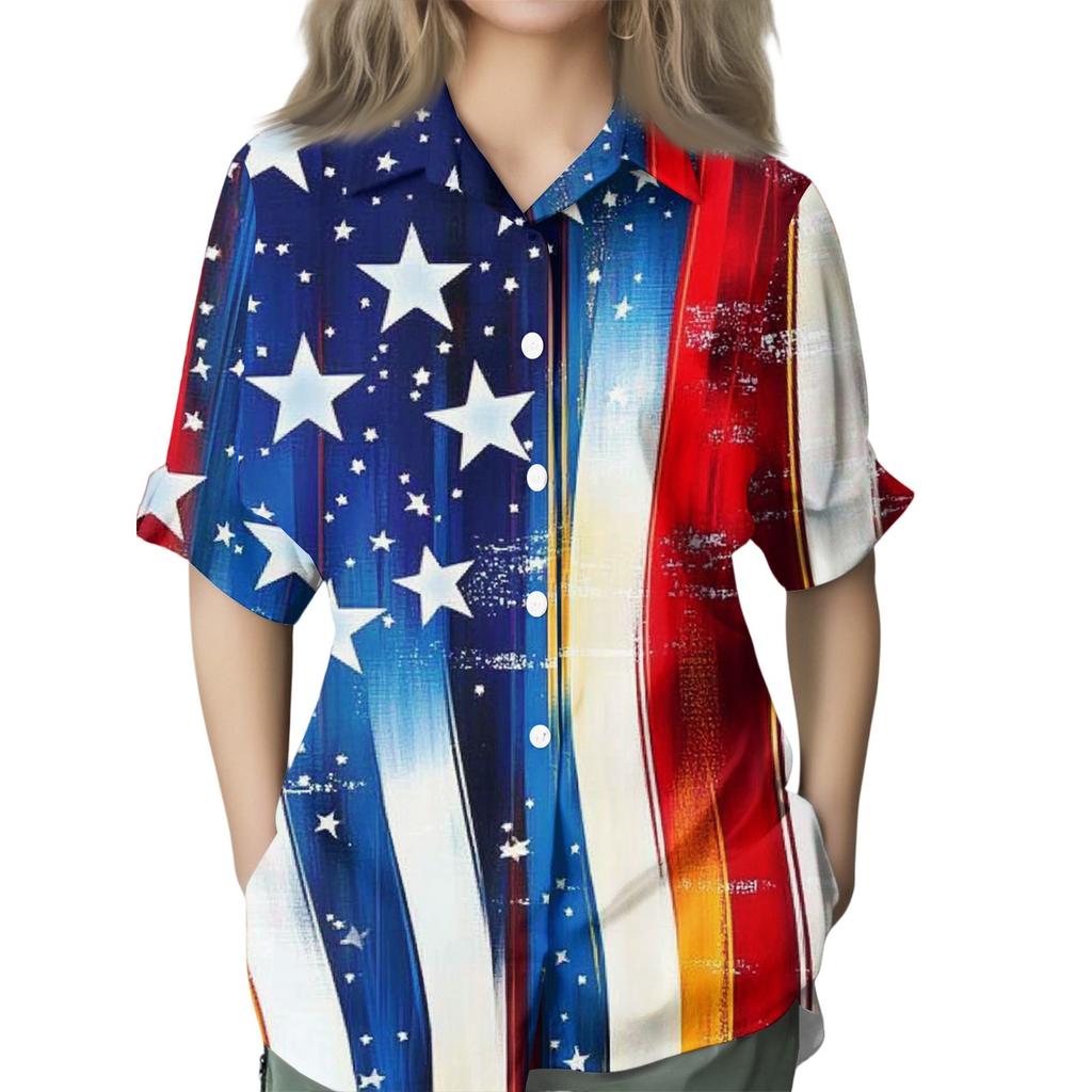 Women's Fashion 3/4 Sleeve Casual Lapel Back Tie Independence Day Printed T-shirt Top
