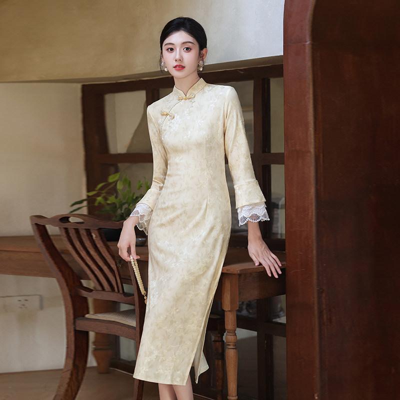 Yellow horn long-sleeved new Chinese long Suzhou autumn cheongsam improved young 1011 new women's spring and autumn clothing