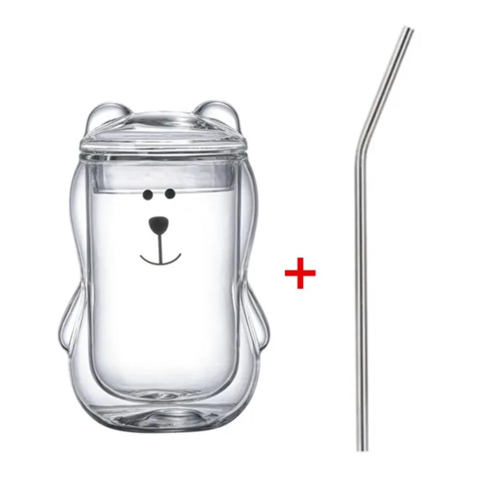 Tasse à café créative 300 ml avec couvercle en verre transparent, motif ours ambré, motif ours mignon