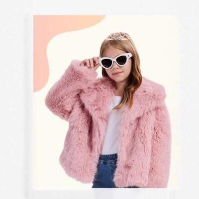 Girls' Pink Faux Fur Coat Lapel Collar Loose Fit Warm Winter Outerwear