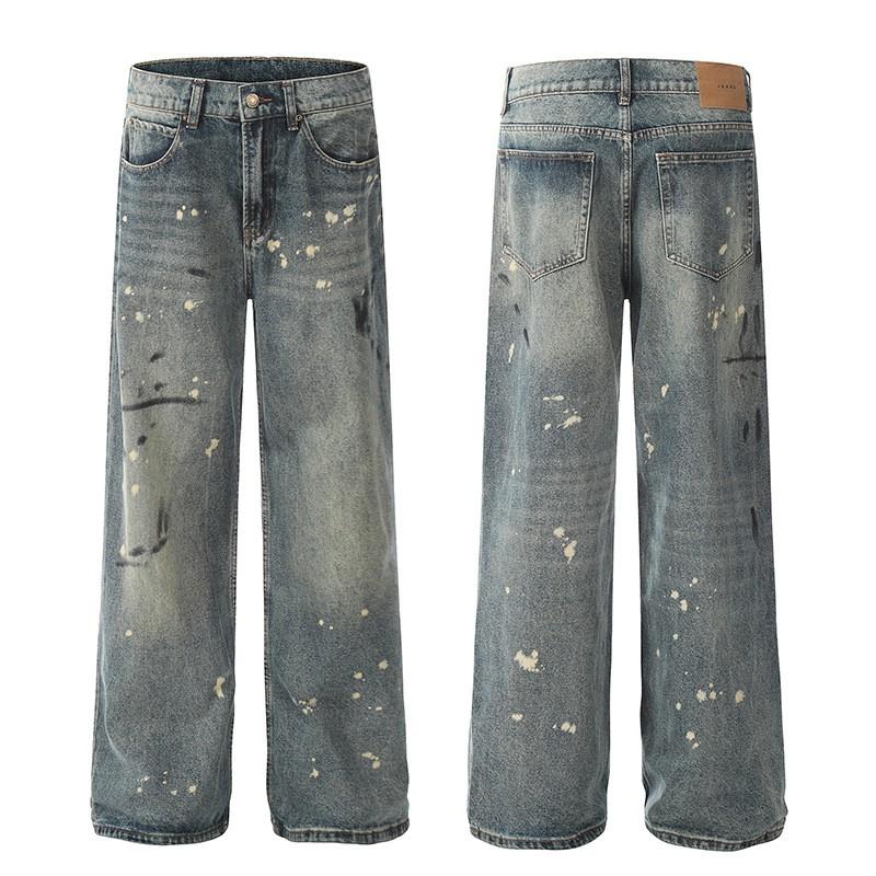 Relaxed Fit Distressed Washed Denim Jeans Men Women Streetwear Loose Straight Leg Tapered Drop Crotch Pants