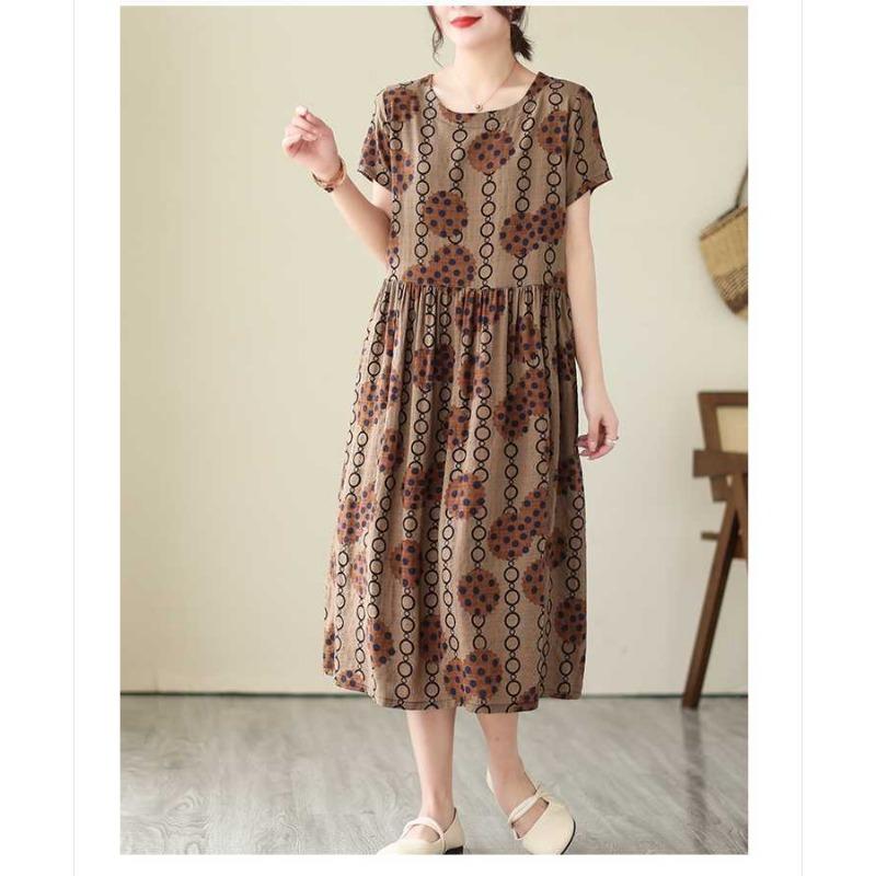 2025 Summer New Retro Literary Loose Round Neck Short Sleeve Midi Dresses