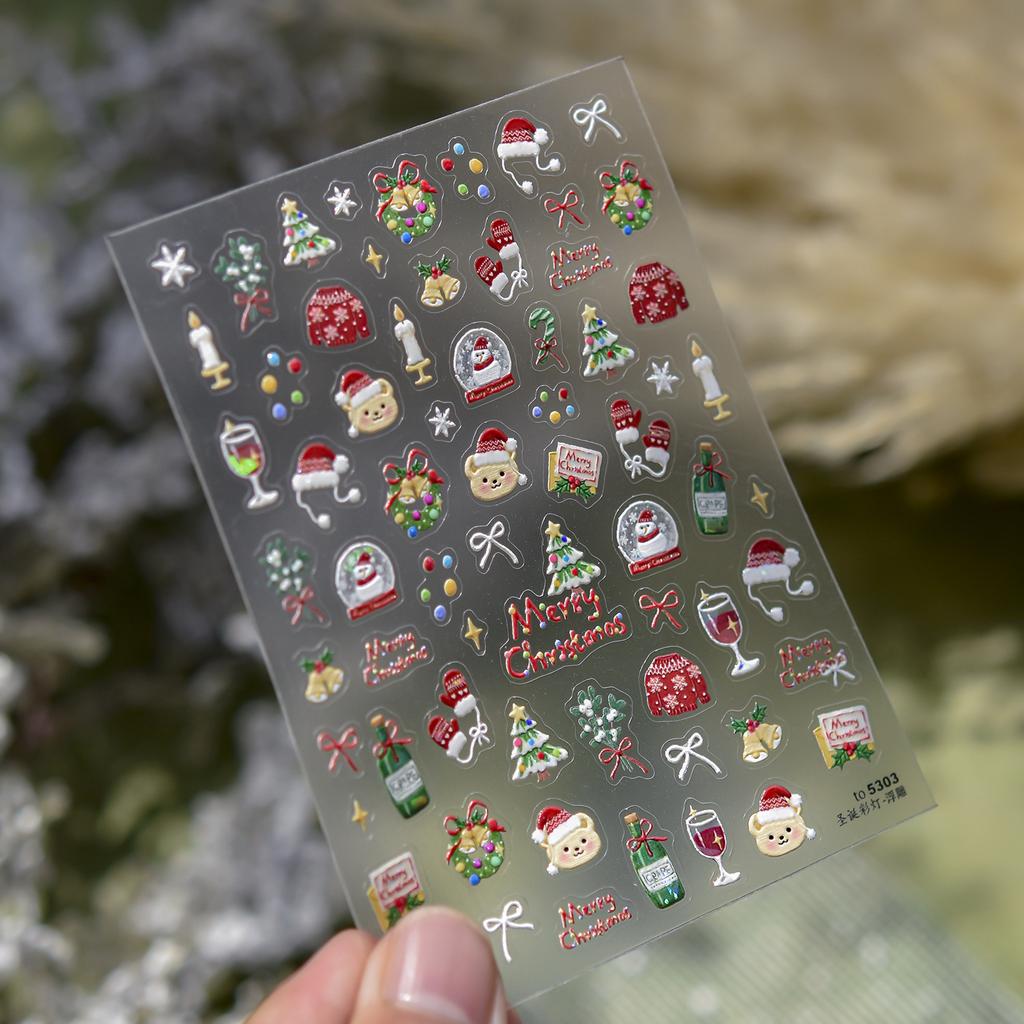 Winter Metal Christmas Tree Decoration Nail Art Stickers 5D Crystal Nails Stickers Cute Cartoon Cat Garland Manicure Decals DIY