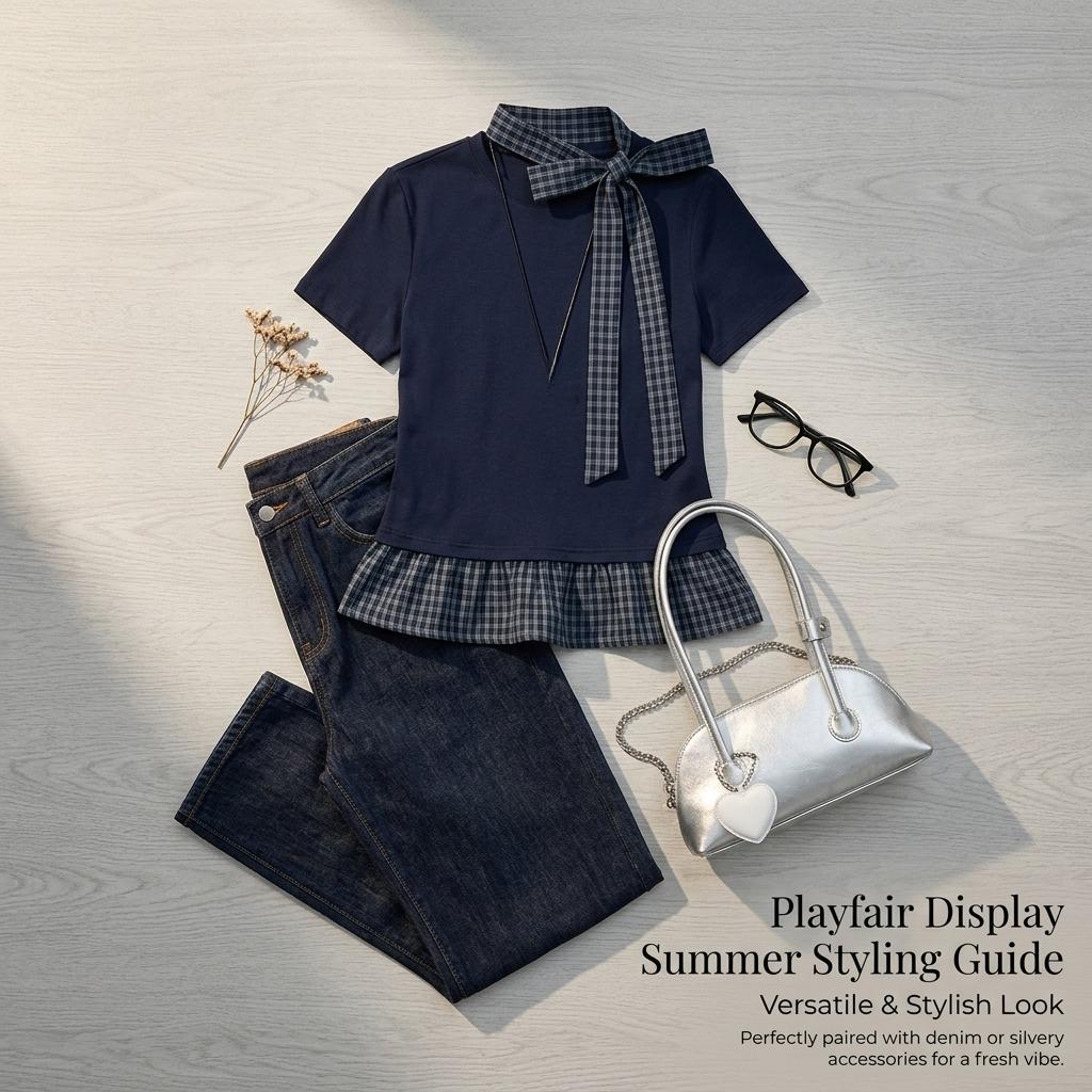 Fake Two-Piece Plaid Short-Sleeve T-Shirt With Lace Hem For Women New Spring/Summer Base Shirt With Ribbons