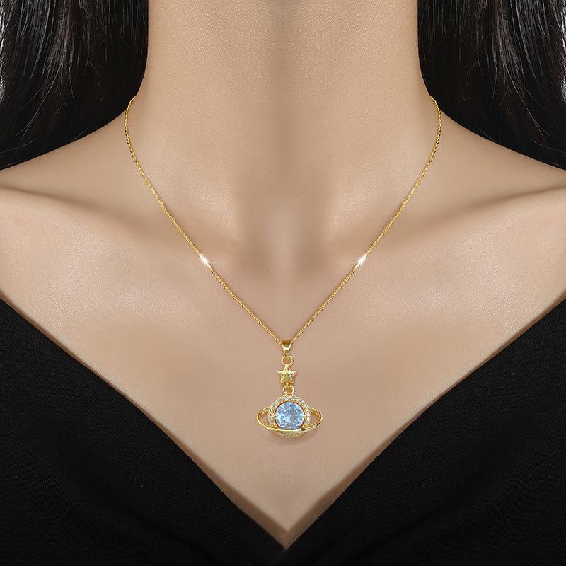 Planet Galaxy Light Luxury Temperament Full Diamond Necklace Women'S Versatile Clavicle Chain Titanium Steel Chain