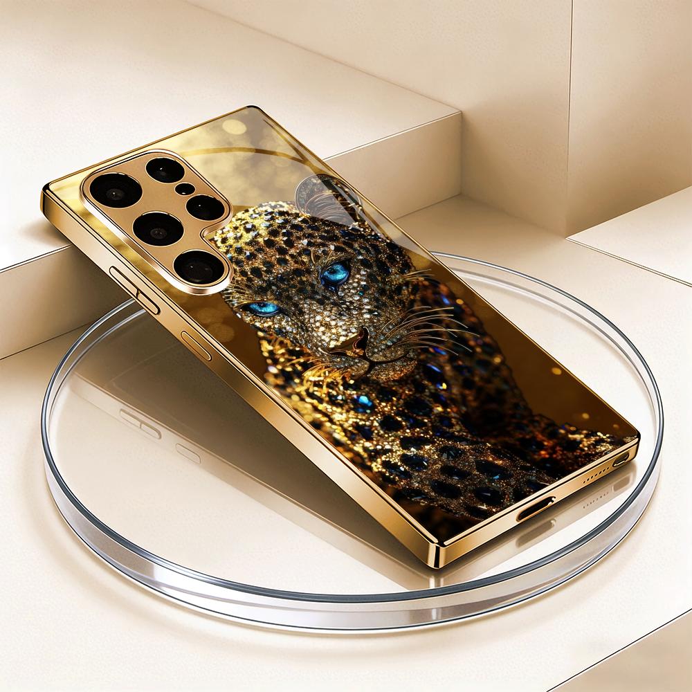 Golden Leopard Electroplated Glass Phone Case Suitable for Samsung Galaxy S26 S25 S24 S23 S22 S20 FE/Ultra/Plus Anti Drop