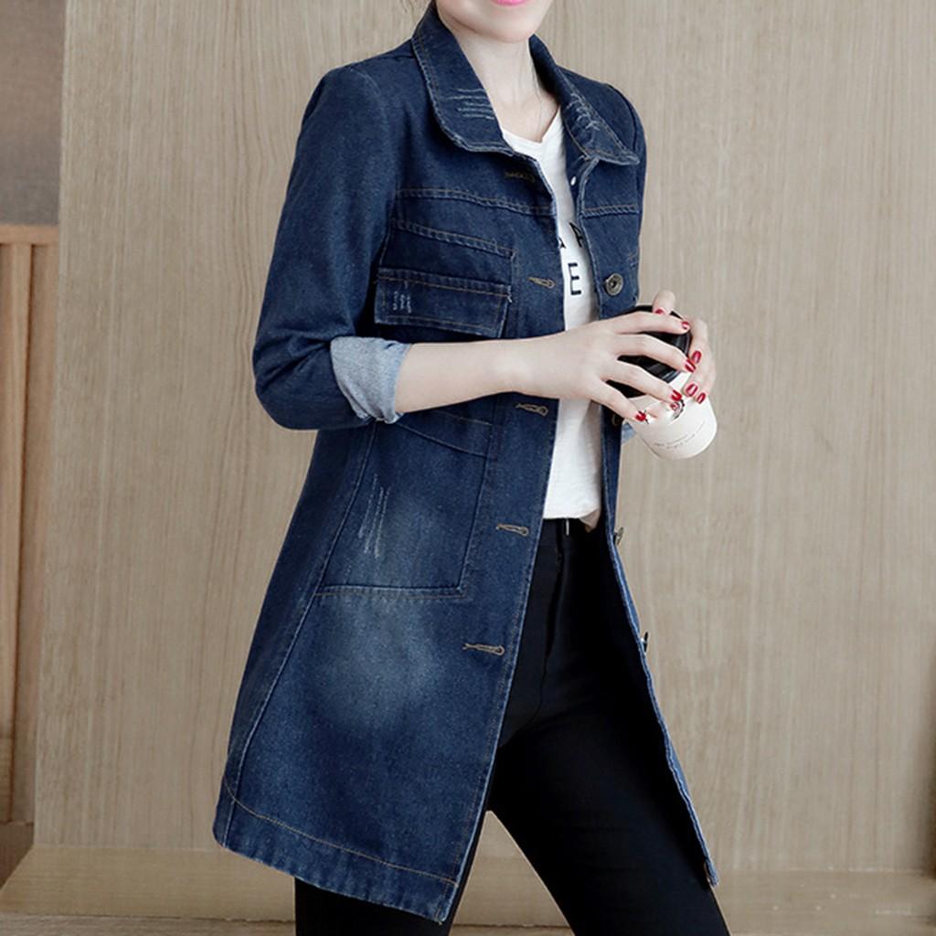 Plus Size Fashion Lapel Women Casual Denim Buttons Vintage Jeans Jacket Cardigan