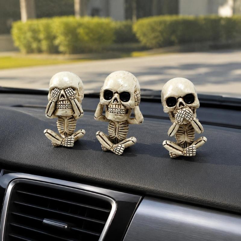 Resin Car Dashboard Air Vent Accent Set with Skull Figurines, Console Display for Interior Styling and Desk Placement