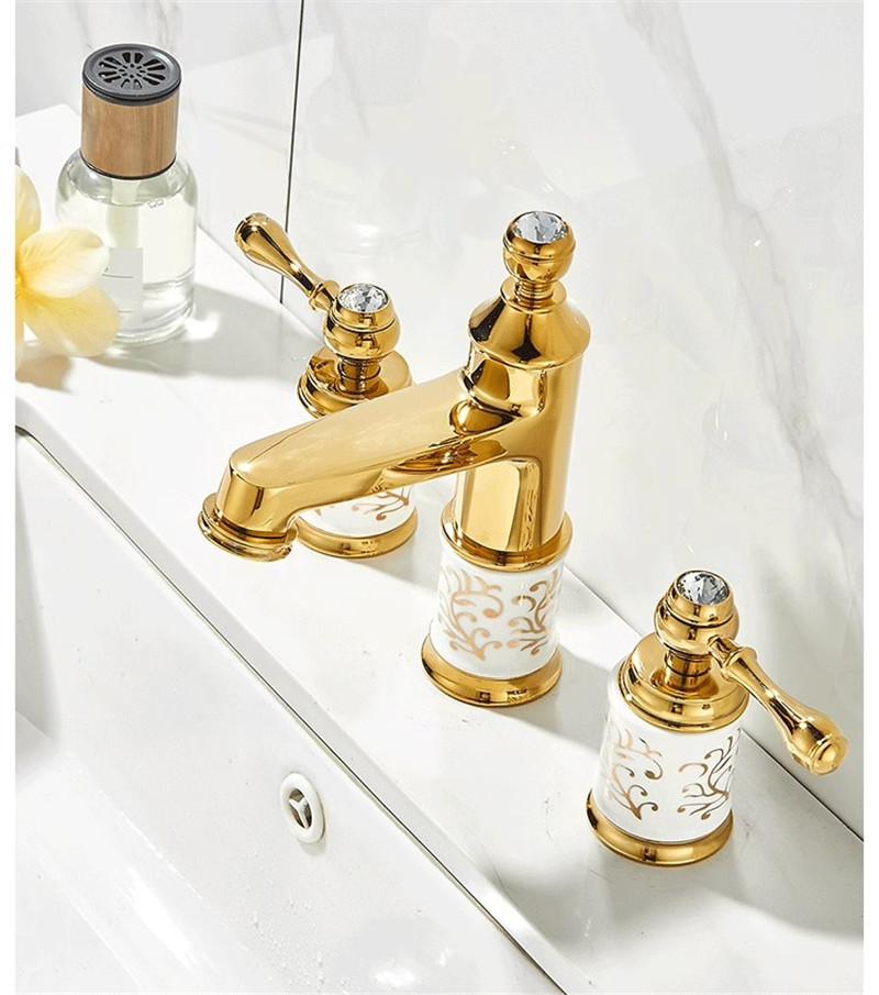 Tuqiu Gold Ceramic Bathroom faucet widespread Brass Basin faucet Tap luxury Basin Mixer Hot And Cold shower room sink Faucet