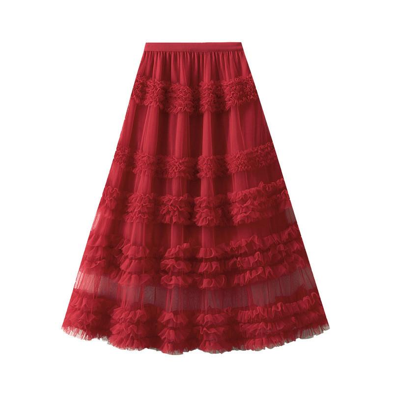 

Qooth Ruffle Tiered Tulle Skirt High-Waist Layered Maxi Skirt Sweet & Luxurious Style QT2503 One Size