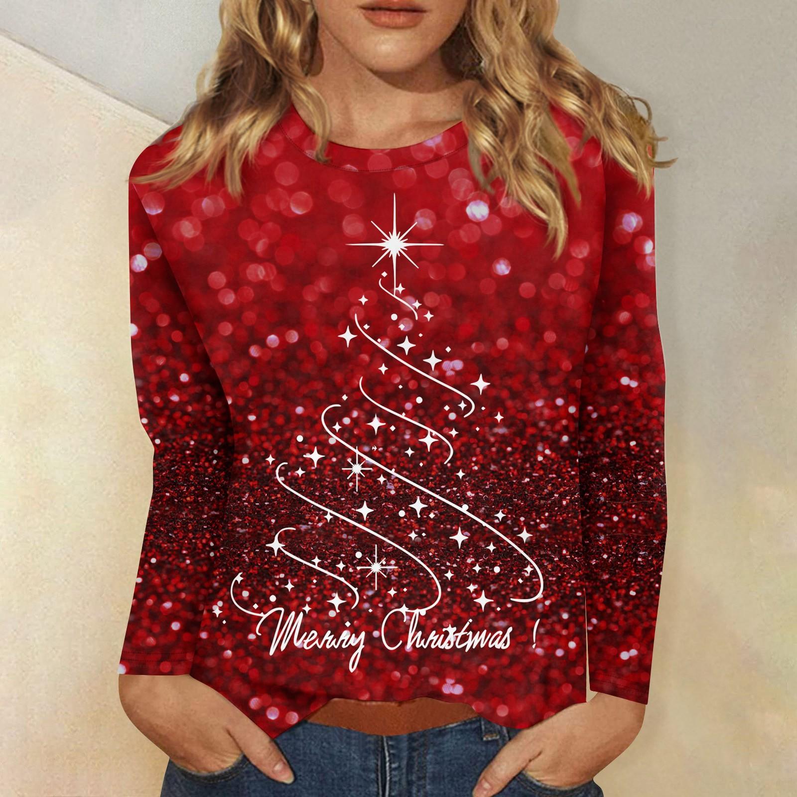 

Рубашки с длинным рукавом для женщин Милые принты Футболки Блузки Повседневные Большие размеры Базовые топы Пуловеры Рождественские XL винный