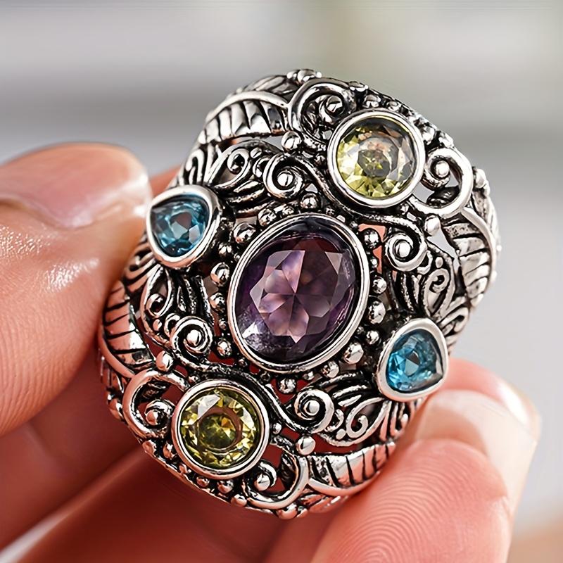 Retro  Hand Carving Exquisite Branch Leaf Flower Pattern Antique Silvery Wide Ring