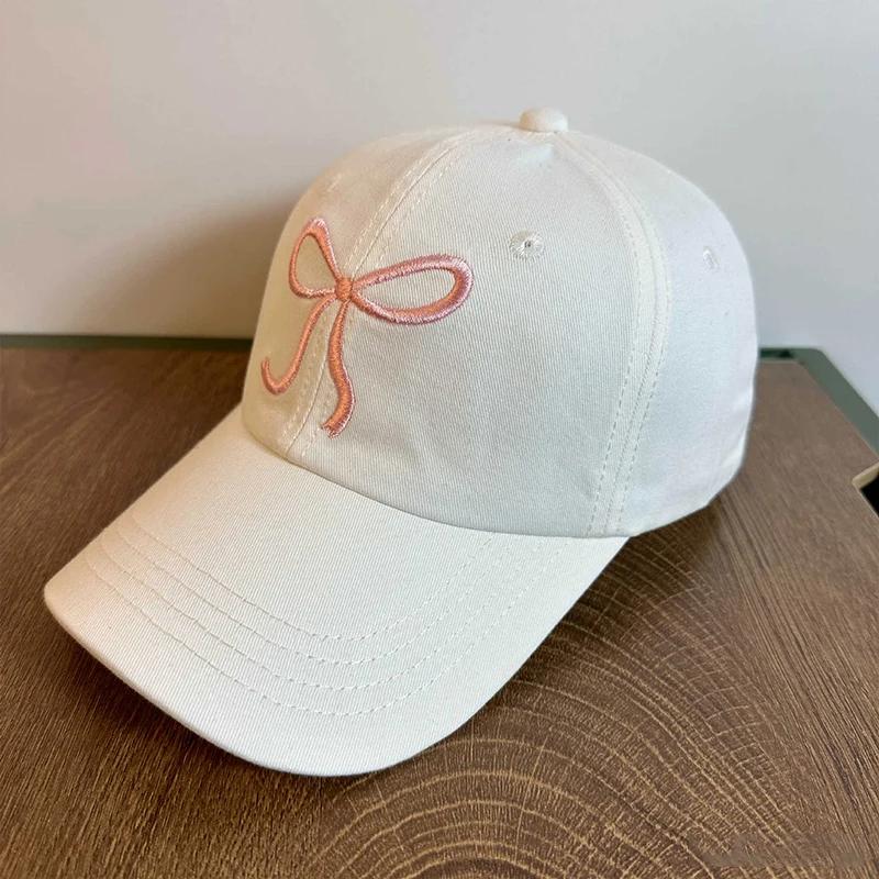 New Korean Pink Bow Embroidered Baseball Cap Wide Brim Soft Top Snapback Trucker Caps Fashion for Women Adjustable Dad Hat
