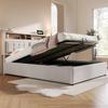 Lit Double Capitonnage avec Tête de Lit Chargeur Prise USB C, Cadre de Rangement en Tissu Lin Lit 140x200 avec Sommier à Lattes (Sans matelas)