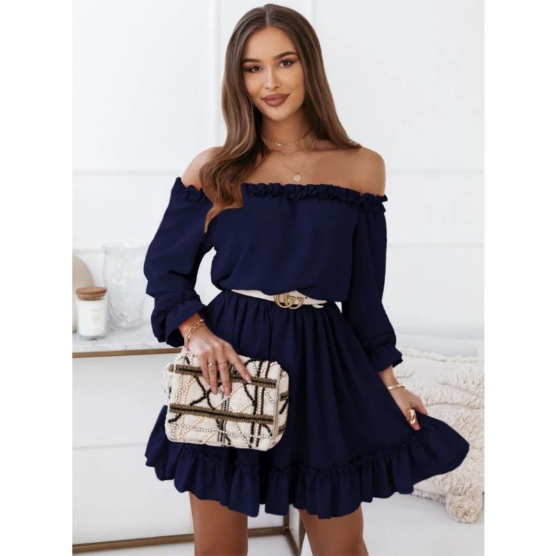 JKASHDK Women's Fashion Spring Fall Solid Color Print Long Sleeve One Shoulder High Waist Casual Dresses
