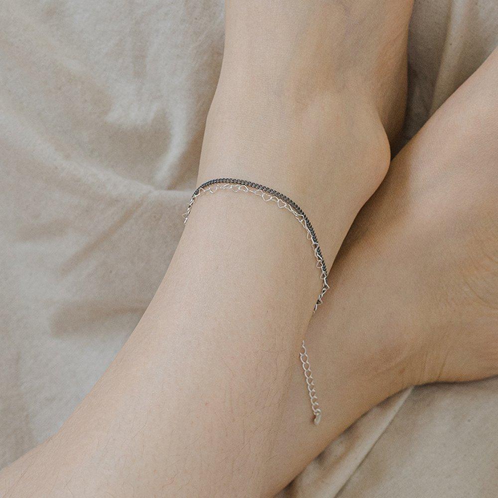 Mimi.J Jewelry 925 Silver Heart Black Chain Double-Line Anklet