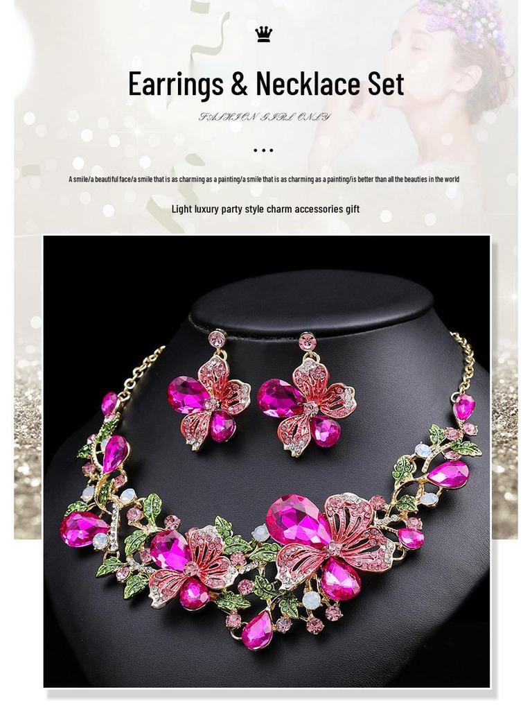 Exaggerated Luxury Necklace & Earrings Set: Colorful Floral Design for Bridal Gowns