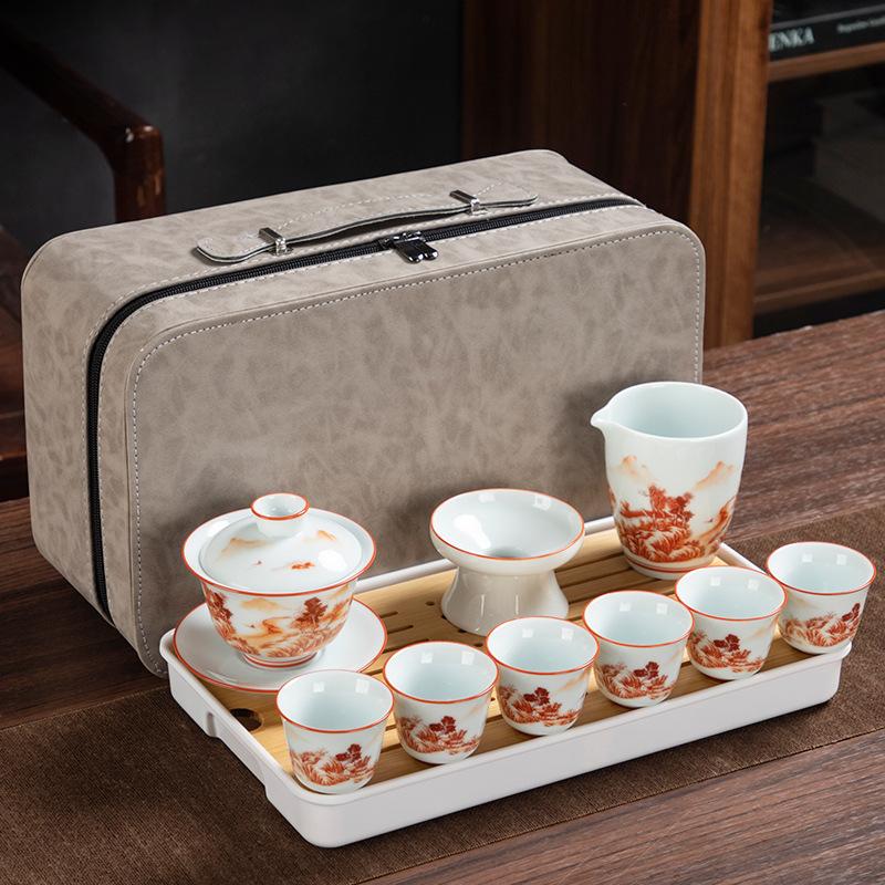 Celadon travel tea set creative kung fu ceramic cover bowl teacup tea tray full set of business gifts