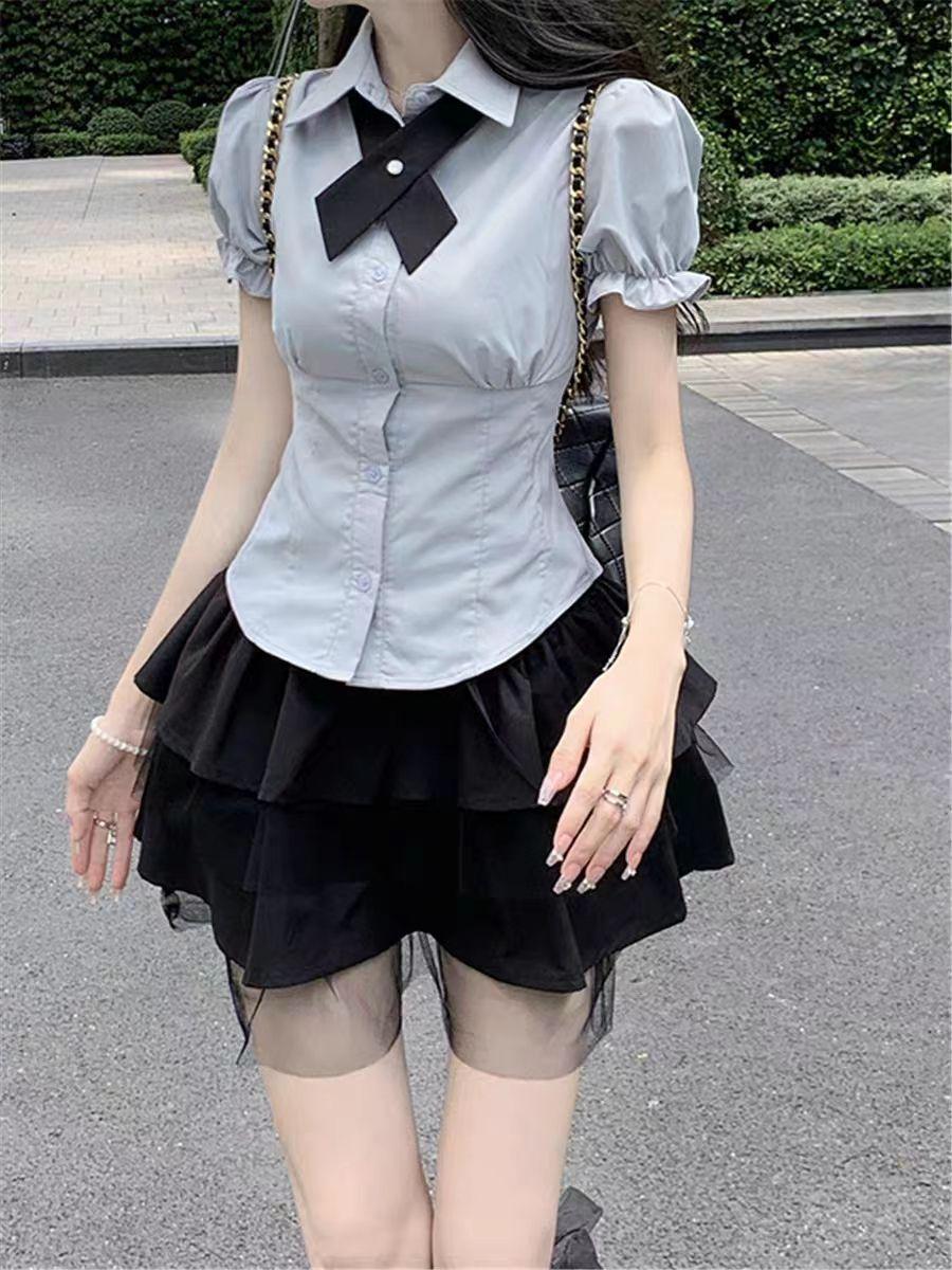 

Японский JK стиль Женская приталенная рубашка с пышными рукавами и пушистая юбка с высокой талией S