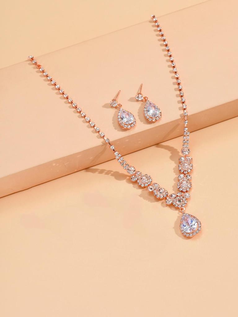 Three-Piece Rhinestone Zircon Bridal Jewelry Set: Tear Drop Necklace, Earrings & Bracelet