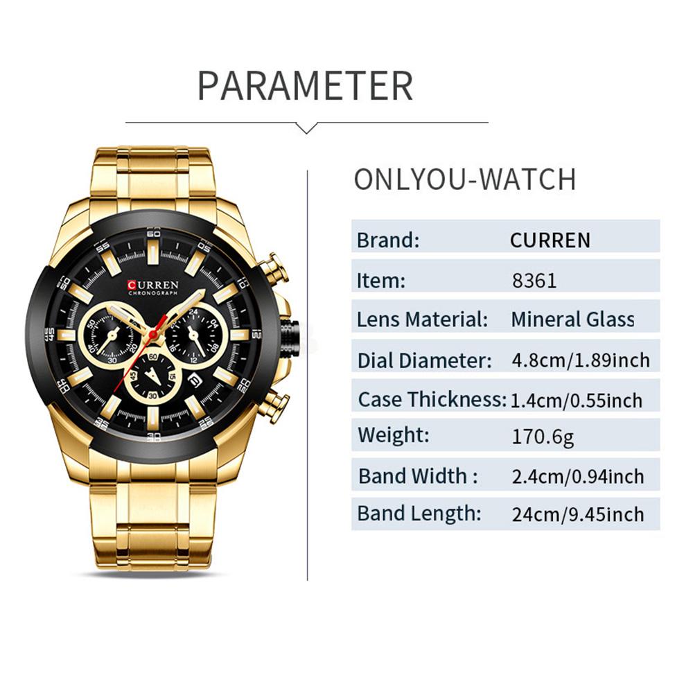 CURREN Sports Chronograph Watch for Man Quartz Movement Large Dial with Auto Date Casual Stainless Steel Band Wristwatch 8361